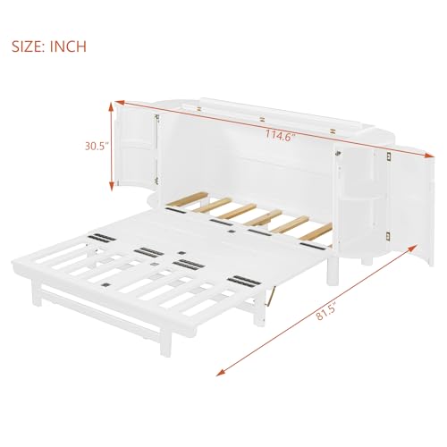 Queen Size Farmhouse Murphy Bed Cabinet with Charging Station, Foldable Platform Bed Frame with 2 Storage Drawers