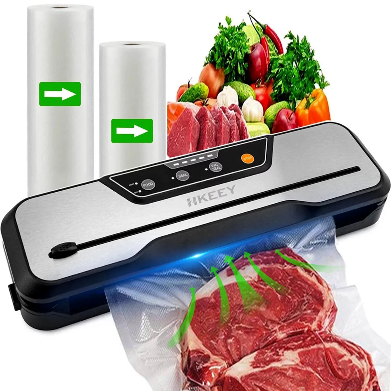 Food Vacuum Sealer Machine with 2 Rolls Food Vacuum Sealer Bags  .Food Storage Saver Dry & Moist Food Modes, Led Indicator Lights, Easy to Clean