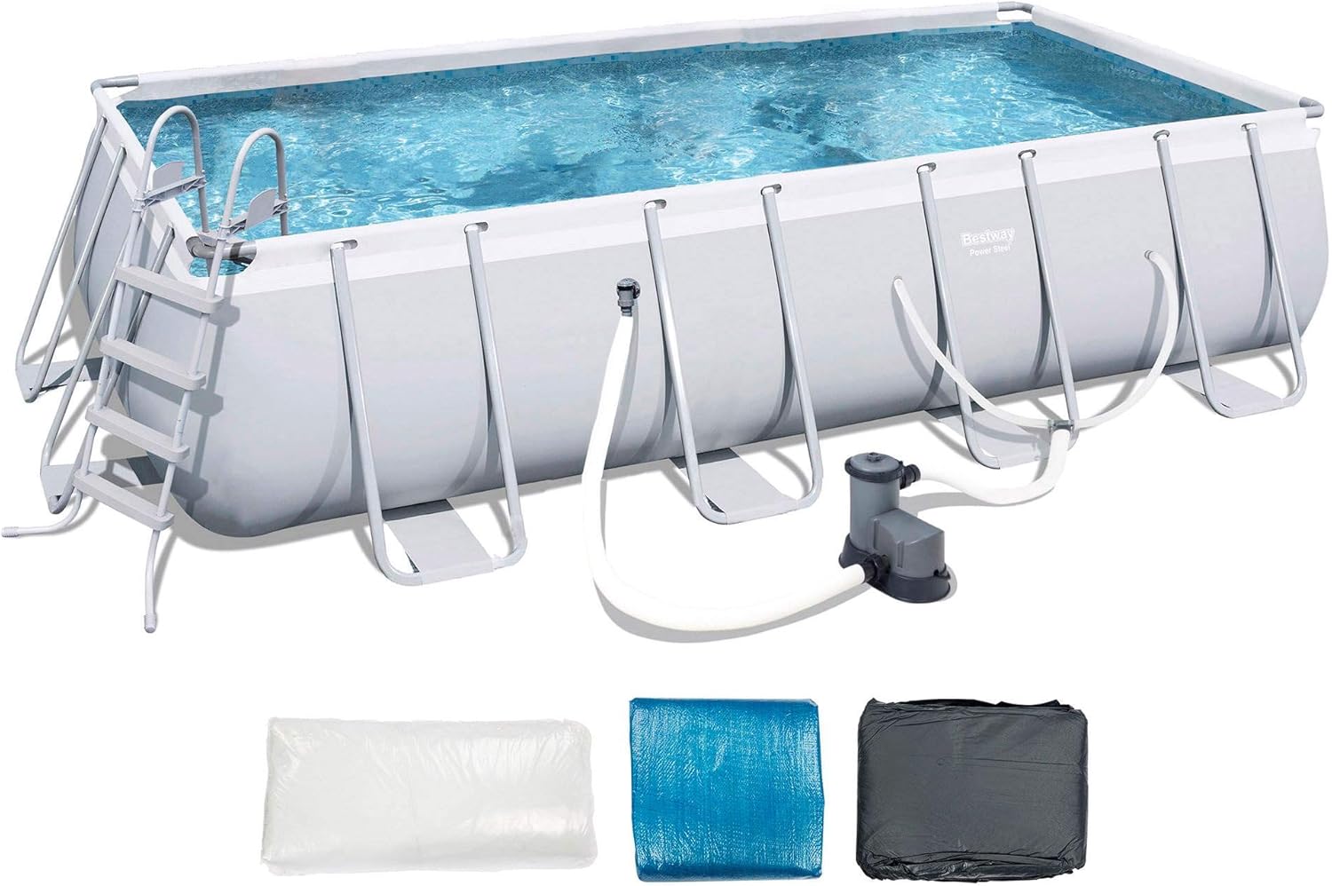Bestway 56711E Power Steel 18' x 9' x 48 Outdoor Oval Frame Above Ground Swimming Pool Set with 1500 GPH Cartridge Filter Pump, Cover, & Ladder, Gray