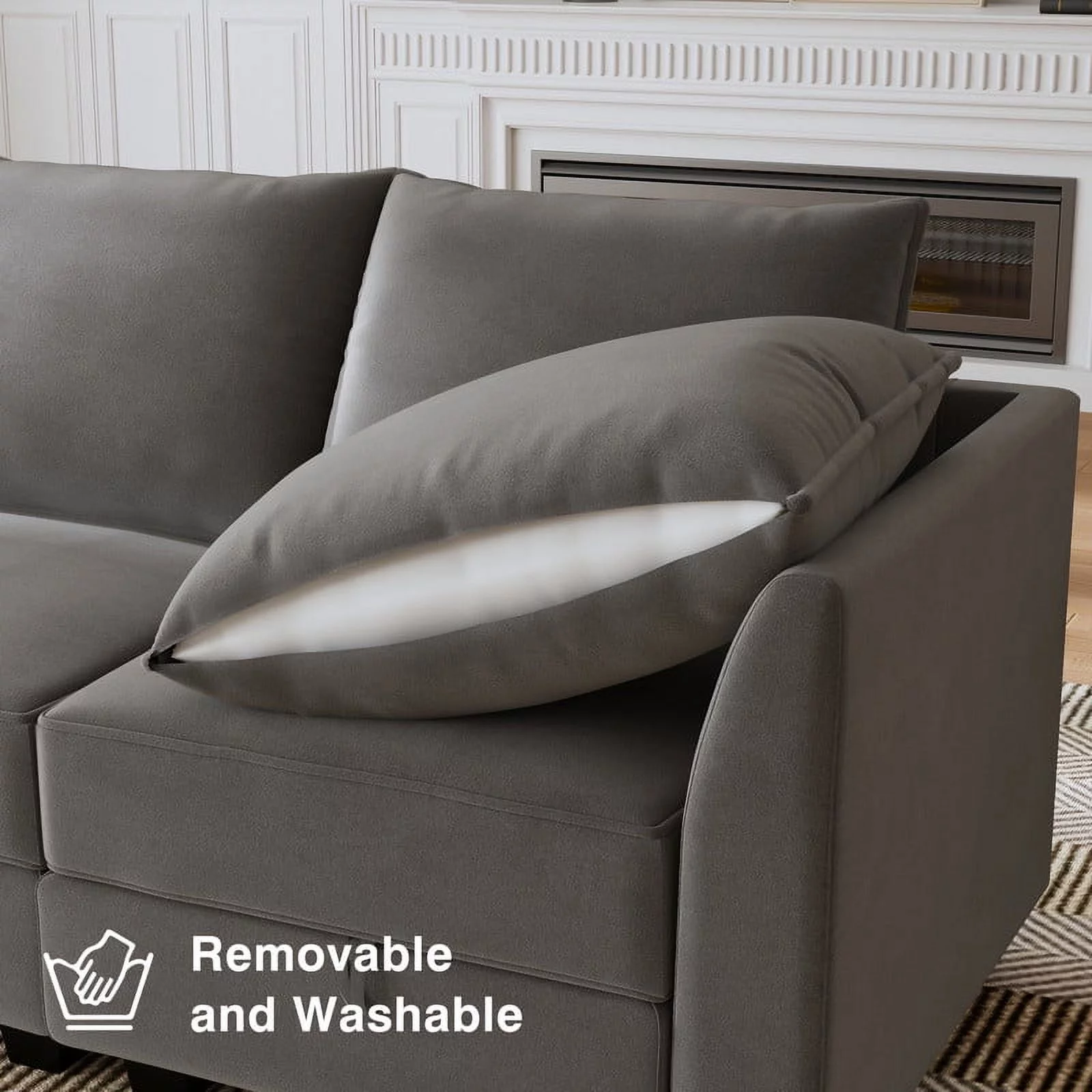 HONBAY Modern Convertible Sleeper Sofa Couch with Storage, Pearl Grey
