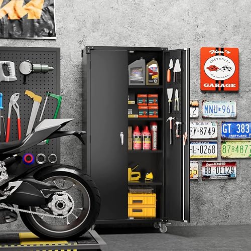 Garage Storage Cabinet with Wheels & Pegboard, 72" H Locking Metal Storage Cabinet with Doors and 4 Adjustable Shelves for Garage Workshop Home