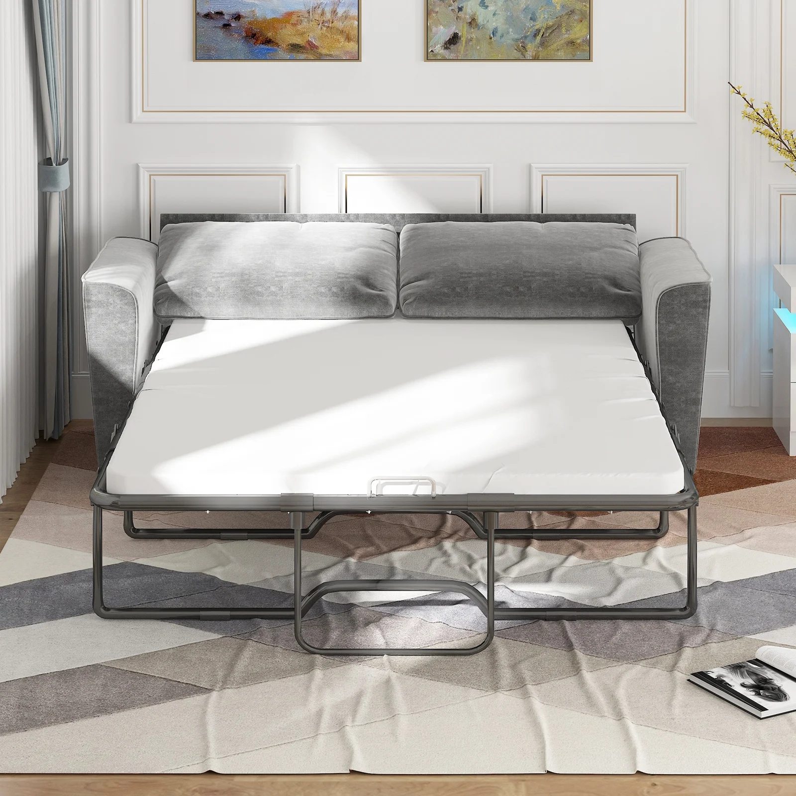 MUZZ Full Size Pull Out Sofa Bed, Velvet Sofa Couvh with Pull Out Bed, Sleeper Sofa Couch with Foam Mattress