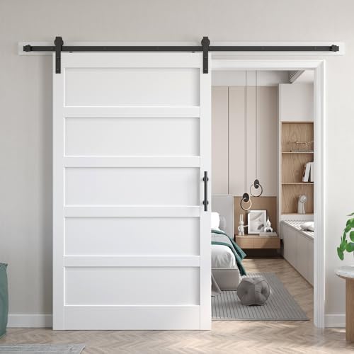 Fredbeck Double 21inx84in White Barn Door and 7FT Sliding Barn Door Hardware Kit Included,Solid,MDF, PVC Surface,DIY Assembly,5-Panel