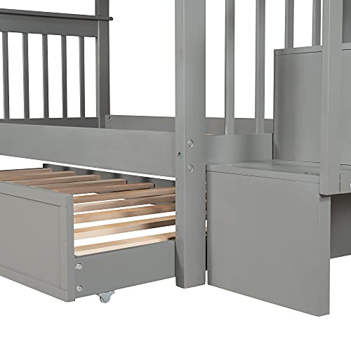 Harper & Bright Designs Twin Over Twin Bunk Bed with Stairs and Trundle, Solid Wood Stairway Bunk Bed Frame with Storage