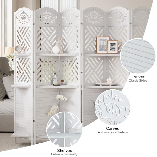 Room Divider with Shelves, 5.75ft Tall Folding Wood Carved Screen with Double Hinges for Home Office Bedroom Hotel Decoration (6 Panels, Natural)
