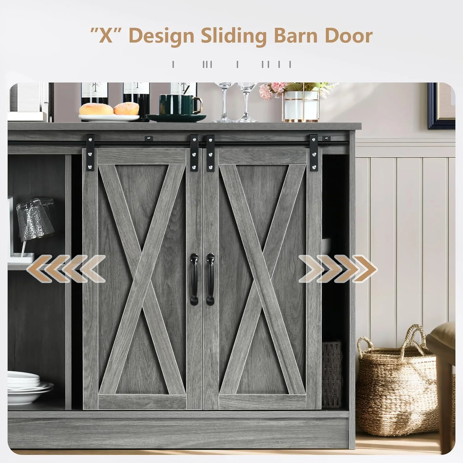 Farmhouse Coffee Bar Cabinet with Sliding Barn Doors, 42”Kitchen Buffet Sideboard Cabinet with Adjustable Shelves, Wash Gray