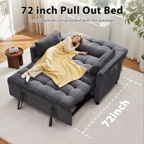 Sleeper Sofa Bed, 52‘’ Convertible Pull Out Couch with Small Table| USB Port | Side Pockets | Corduroy Fabric | Adjustable Backrest for Apartment