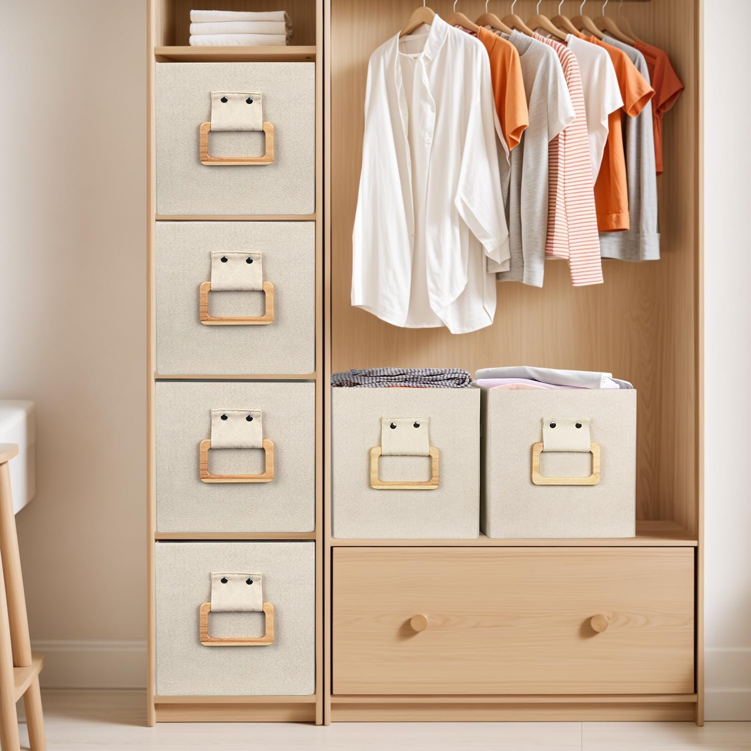dxynlzq Collapsible Fabric Storage Cubes Organizer with Wood Handle  Cube Storage Bins Foldable Baskets for Organizing DXYPQZ Office Closet Clothes