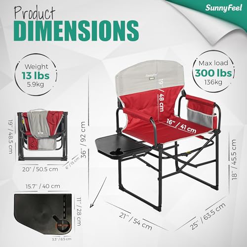 SUNNYFEEL Oversized Camping Directors Chair 2 Pack, Portable Folding Lawn Chairs for Adults Heavy Duty with Side Table,Pocket for Beach, Fishing