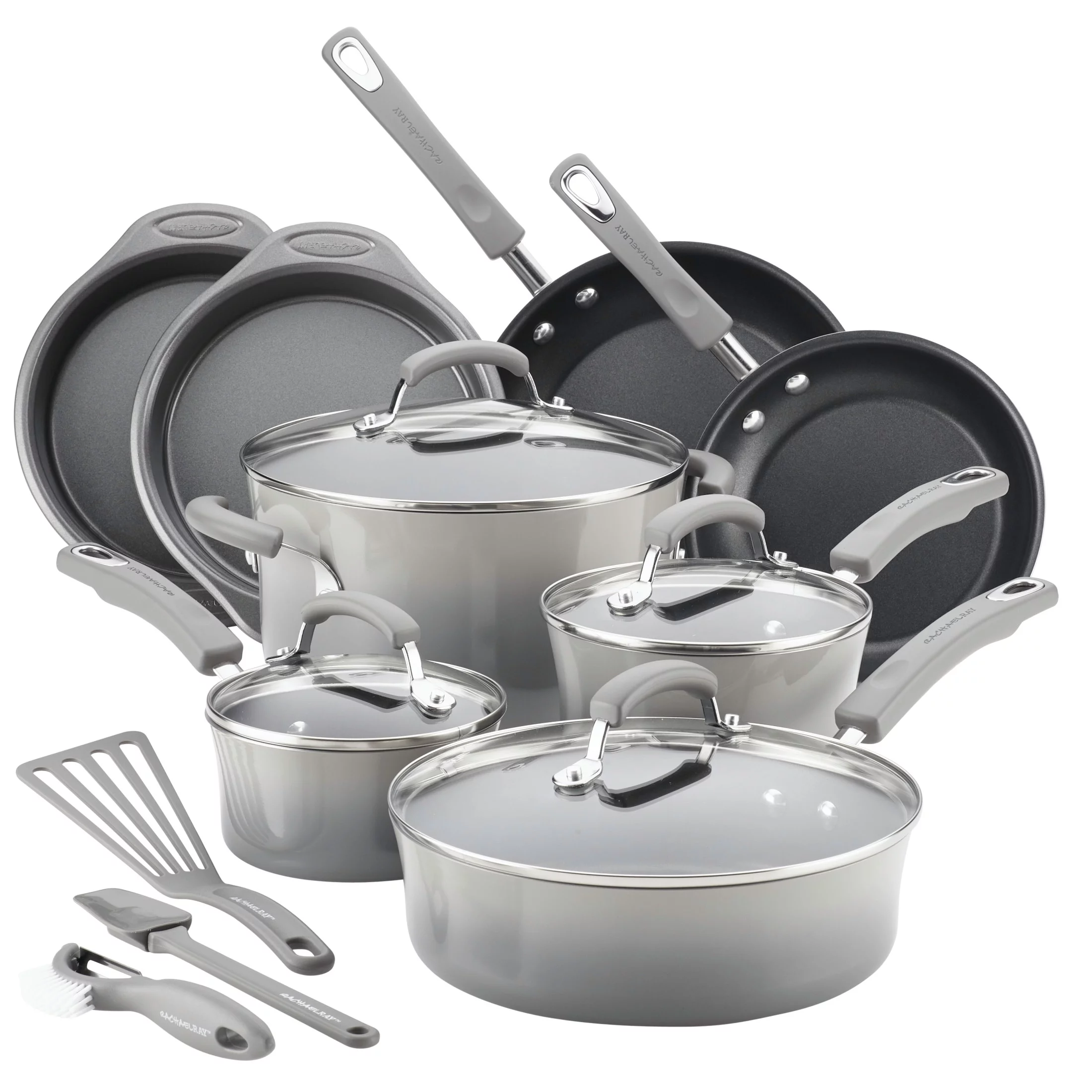 Rachael Ray 15 Piece Hard Enamel Nonstick Pots and Pans Set, Gray