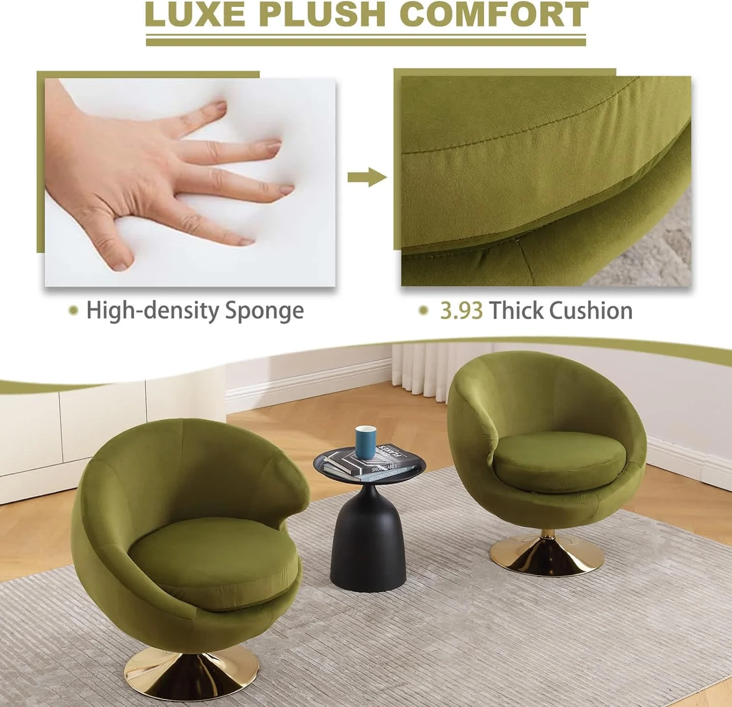 Modern Swivel Barrel Chair, Green Velvet Round Accent Chair, 360 Swivel Cuddle Vanity Chair, Upholstered Arm Chair for Living Room, Bedroom, Hotel