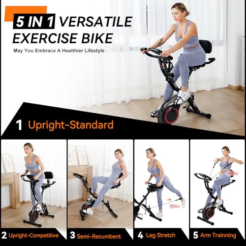 Foldable Exercise Bike Stationary Bikes for Home, 5 IN 1 Indoor Workout Bike, Cycling Bike with 16-Level Quiet Magnetic Resistance
