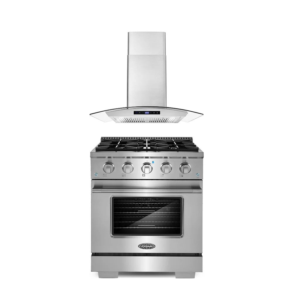 Cosmo 2 Piece Kitchen Appliance Package with 30" Freestanding Gas Range Kitchen Stove & 30" Wall Mount Range Hood Kitchen Hood Kitchen Appliance