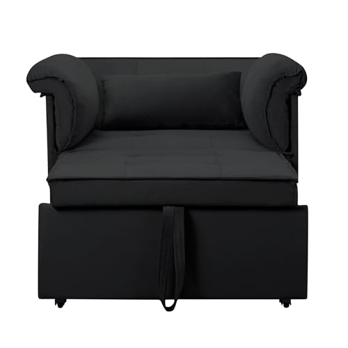3 in 1 Sleeper Sofa Bed, Futon Sofa Bed for Living Room with Side Pocket, Black Sleepers Sofa Couch with Pullout Bed