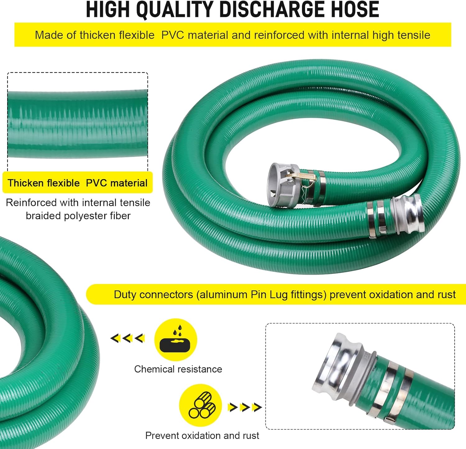 3" x 20' Green PVC Suction Hose Assembly, 3" Male X FemaleCam and Groove， For Swimming Pools & Spas 60 PSI Max Pressure