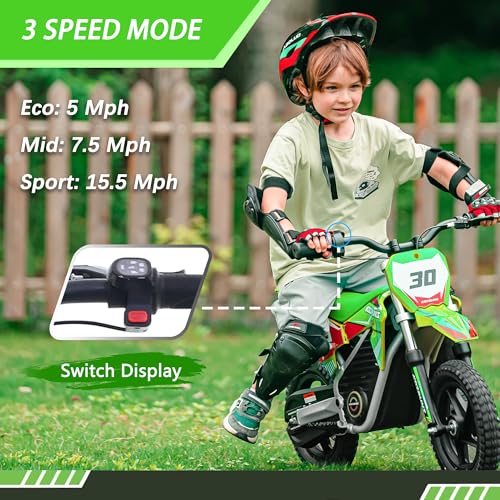 OLALA 36V Electric Dirt Bike for Kids Aged 4-8, Brushless 350W Racing Grade Electric Motorcycle, Up to 18.6MPH & 3 Speed Settings, Dual Disc Brakes