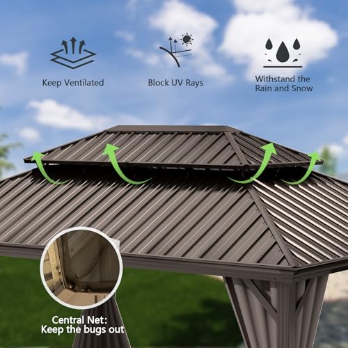 Domi 10’ x 10’ Hardtop Gazebo Metal Frame Canopy with Netting & Curtains