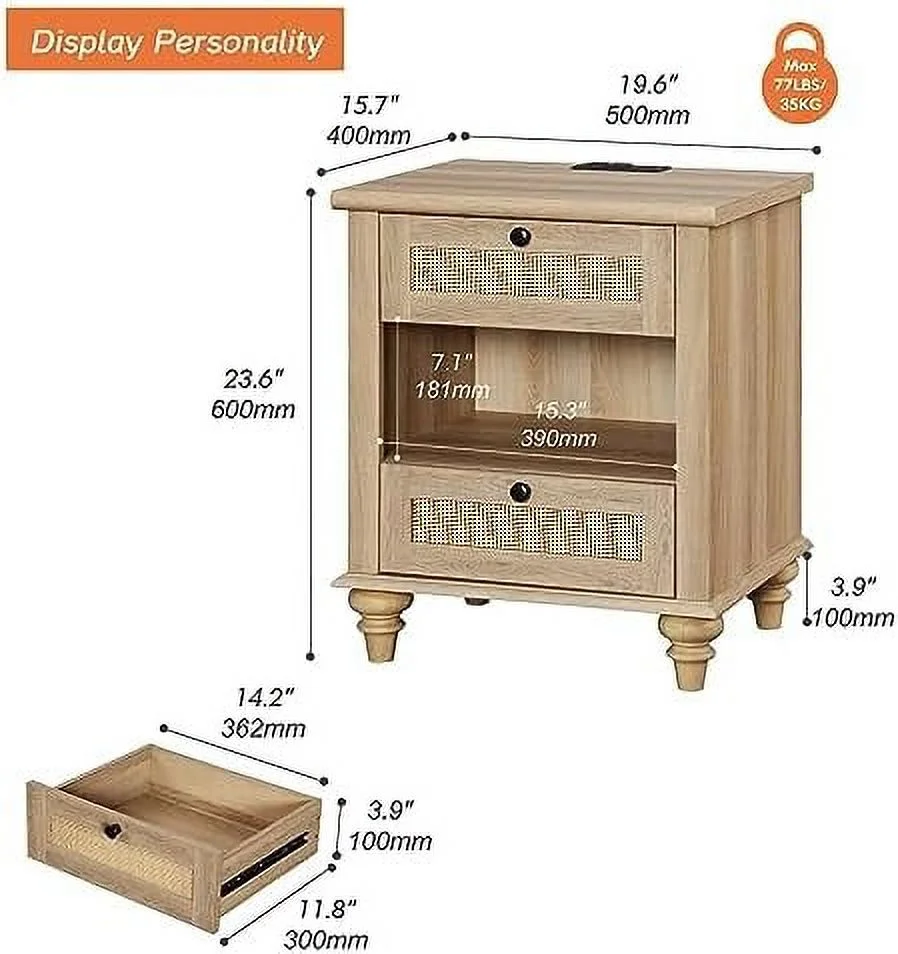 Rattan Nightstand End Table with Charging Station  Farmhouse Small Side Table for Living Room with 2 Drawers  Natural Wood Night Stand Bedside Table