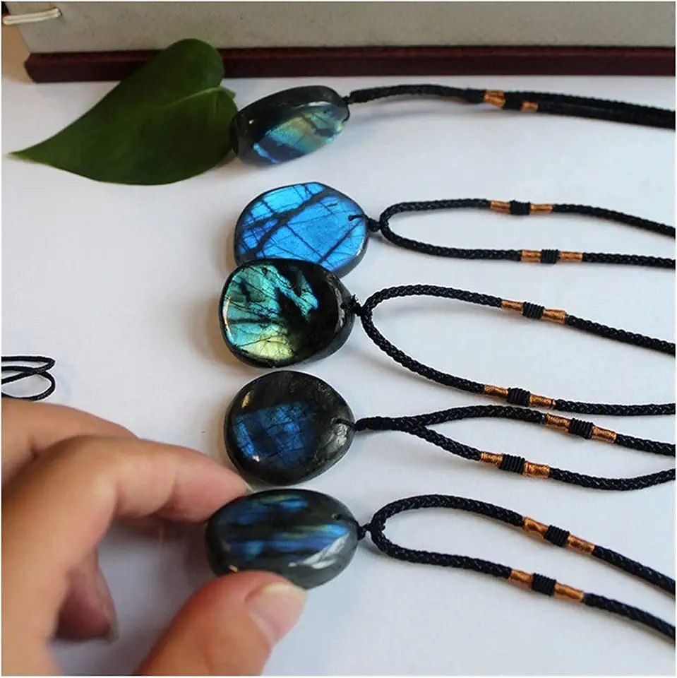 Minerals Stones Natural Labradorite Moonstone Polished Drum Stone Stone Pendulum Quartz Crystal Point Pendant Healing Mineral Rock Necklace Jewelry