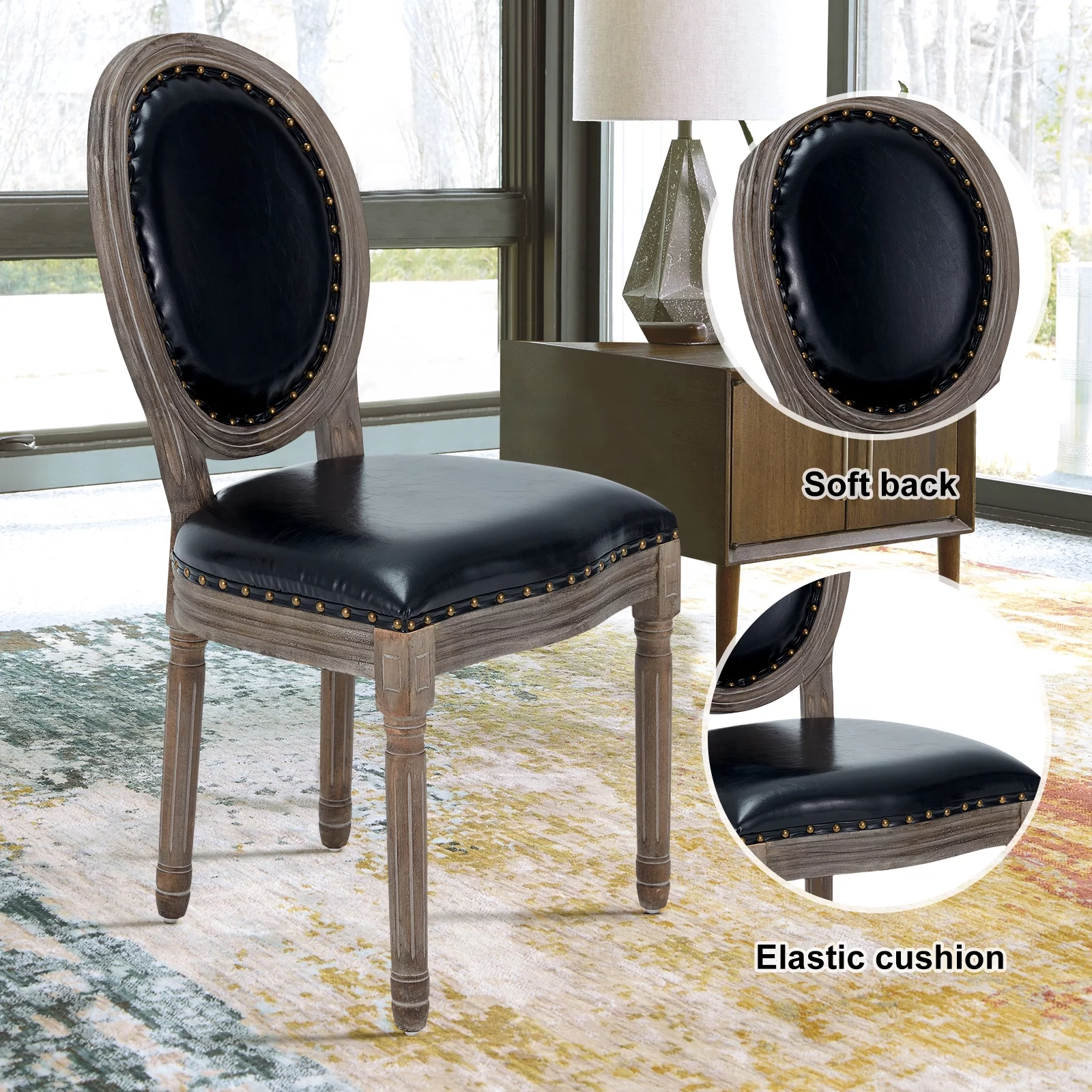 AVAWING Farmhouse Leather Dining Room Chairs 2 PCS, French Chairs with Round Back, Brown Wood Legs