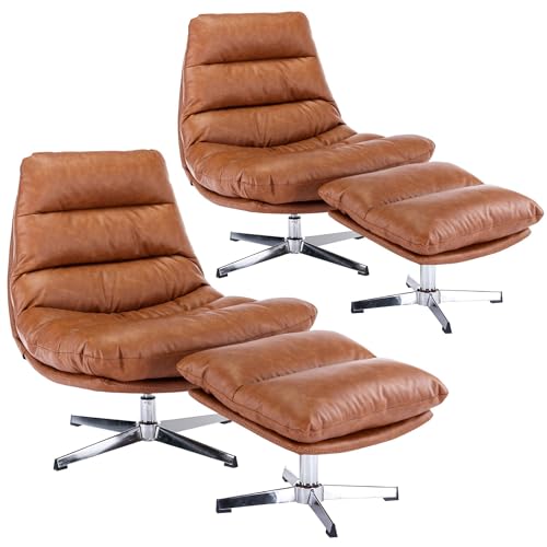 Modern Swivel Accent Chair with Ottoman Set, PU Leather Oversized Armless Reading Chair with Footrest