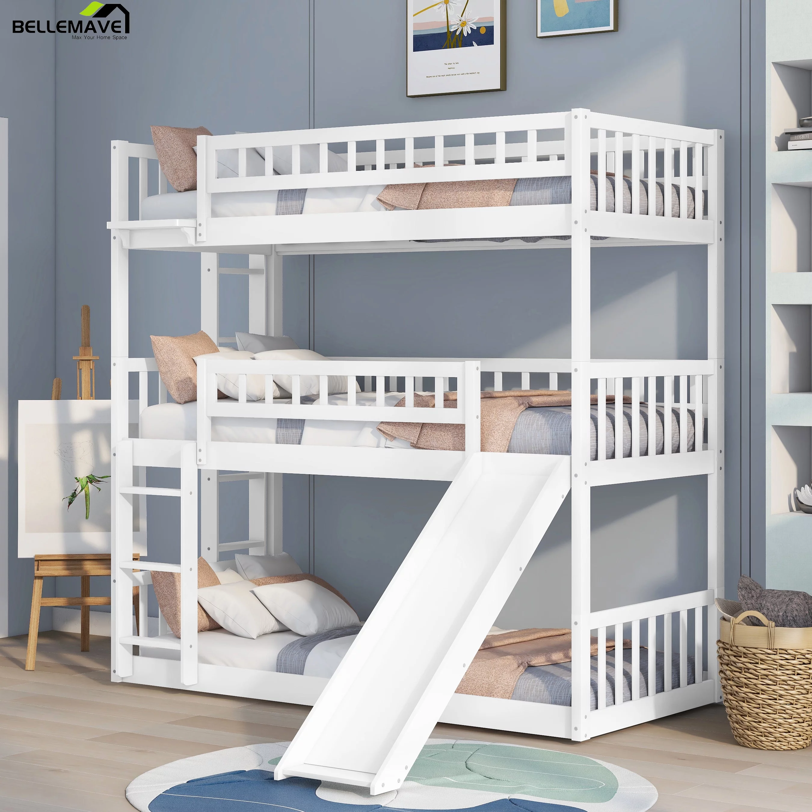 Bellemave Triple Bunk Bed with Slide, Wood Twin Over Twin Over Twin 3 Bunk Bed with Built-In Ladder and Guardrails, Triple Bed for Kids, Teens, Boys