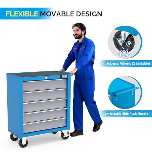 TUFFIOM 5-Drawer Rolling Tool Chest w/Drawers & Lock, Tool Storage Cabinet with Lockable Wheels, Top Cushion & Drawer Liners