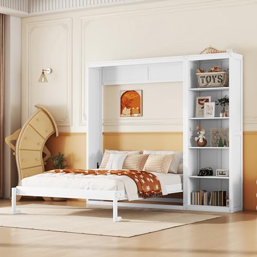 Harper & Bright Designs Full Size Murphy Bed Wall Bed with Storage Shelves, Drawers and LED Lights