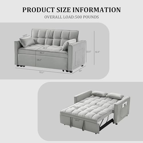 3 in 1 Convertible Sleeper Sofa Bed, Multi-Functional Velvet Sleeper Couch Pull-Out Bed, Loveseat Chaise Lounge with Adjustable Backrest