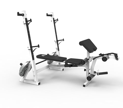 Marcy Olympic Workout Bench for Home Gym Strength Training Equipment with Preacher Curl Pad and Weight Rack Storage, White/Black