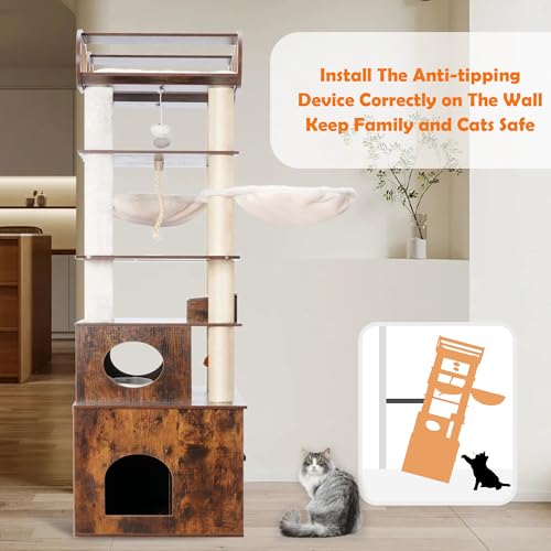 Heybly Cat Tree with Litter Box Enclosure, 76.8-inch Wooden mainecoons Cat Tower with Food Station,Extra Large Platforms