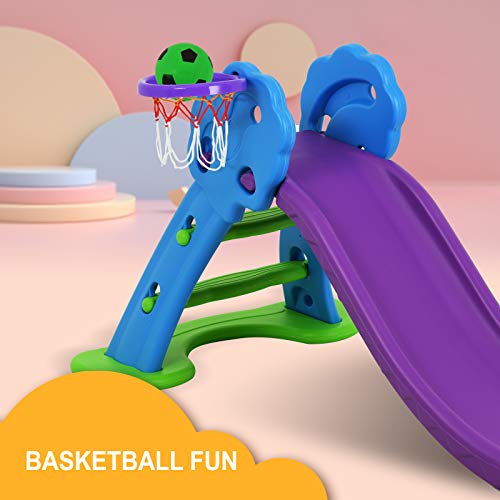 6 in 1 Toddler Playset with Slide, Kids Slide with Basketball Hoop, Ball, Ring Toss, Indoor Outdoor Toys (White Grey)