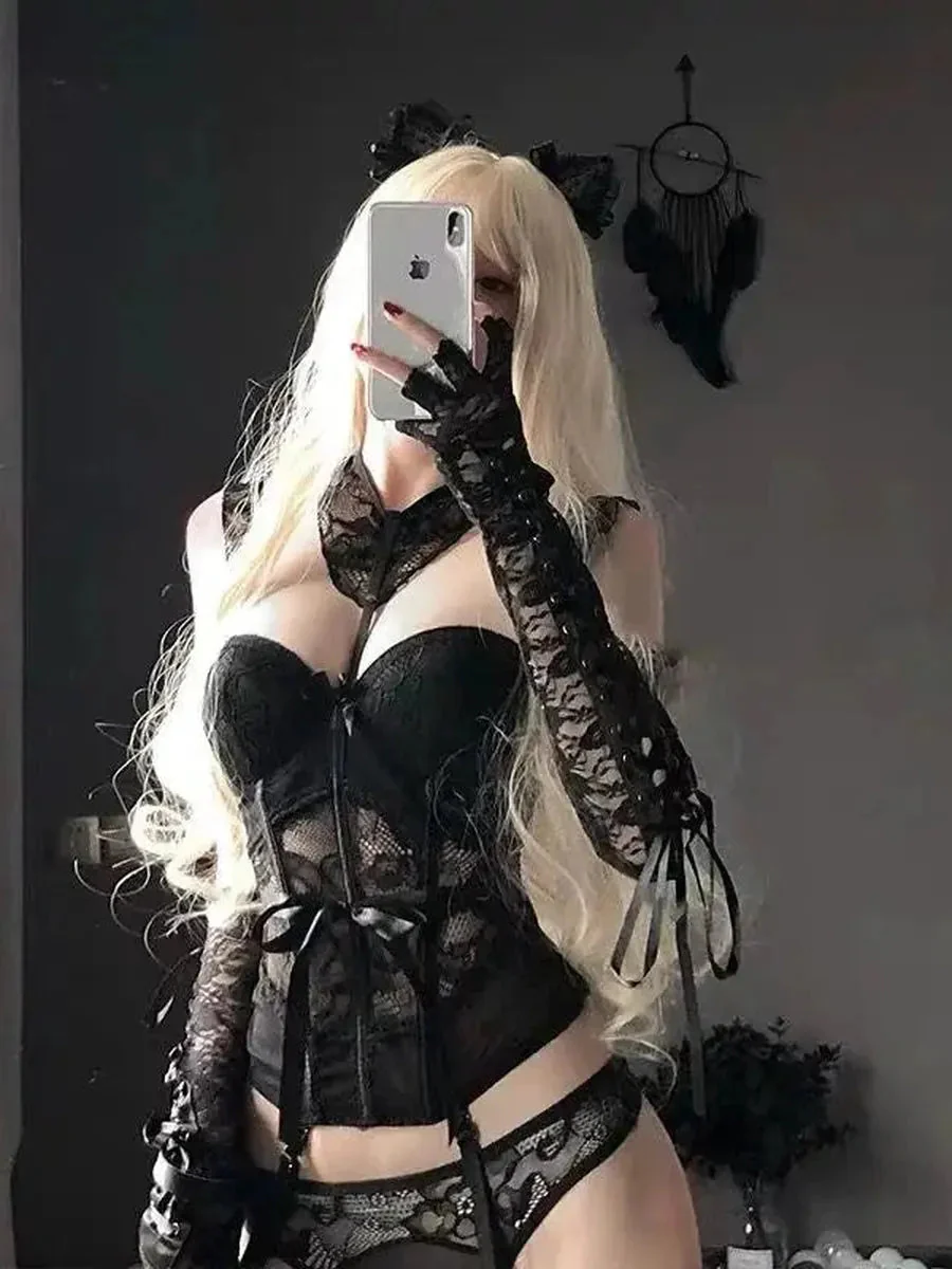 'Tame' Lace Corset Black Sexy Lingerie Set