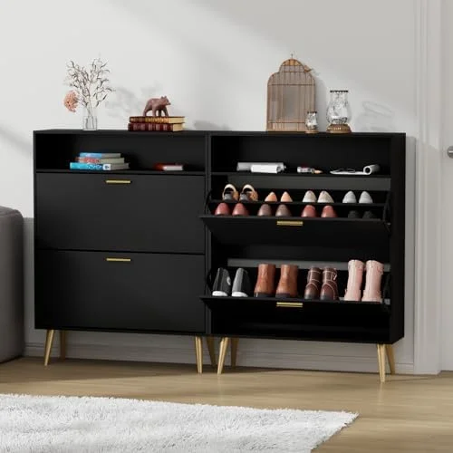 RUNFAYBIU Shoe Cabinet for Entryway Slim  Narrow Shoe Cabinet with 2 Flip Drawers  Black Shoe  Cabinet  Shoe Rack Cabinet for Entryway  Hallway