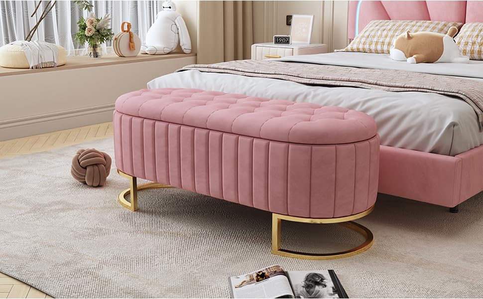GERRIT Oval Storage Ottoman Bench with Button-Tufted, Velvet Upholstered Storage Bench with Metal Legs, End of Bed Ottoman Bench for Bedroom