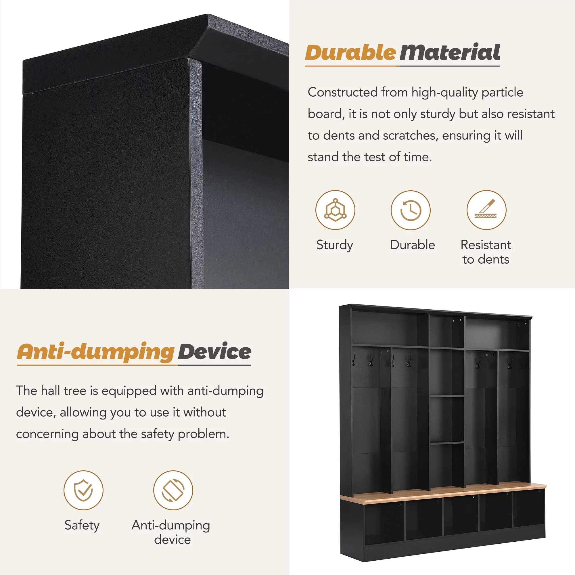 CoSoTower Wide Design Hall Tree with Storage Bench, Minimalist Shoe Cabinet with Cube Storage & Shelves