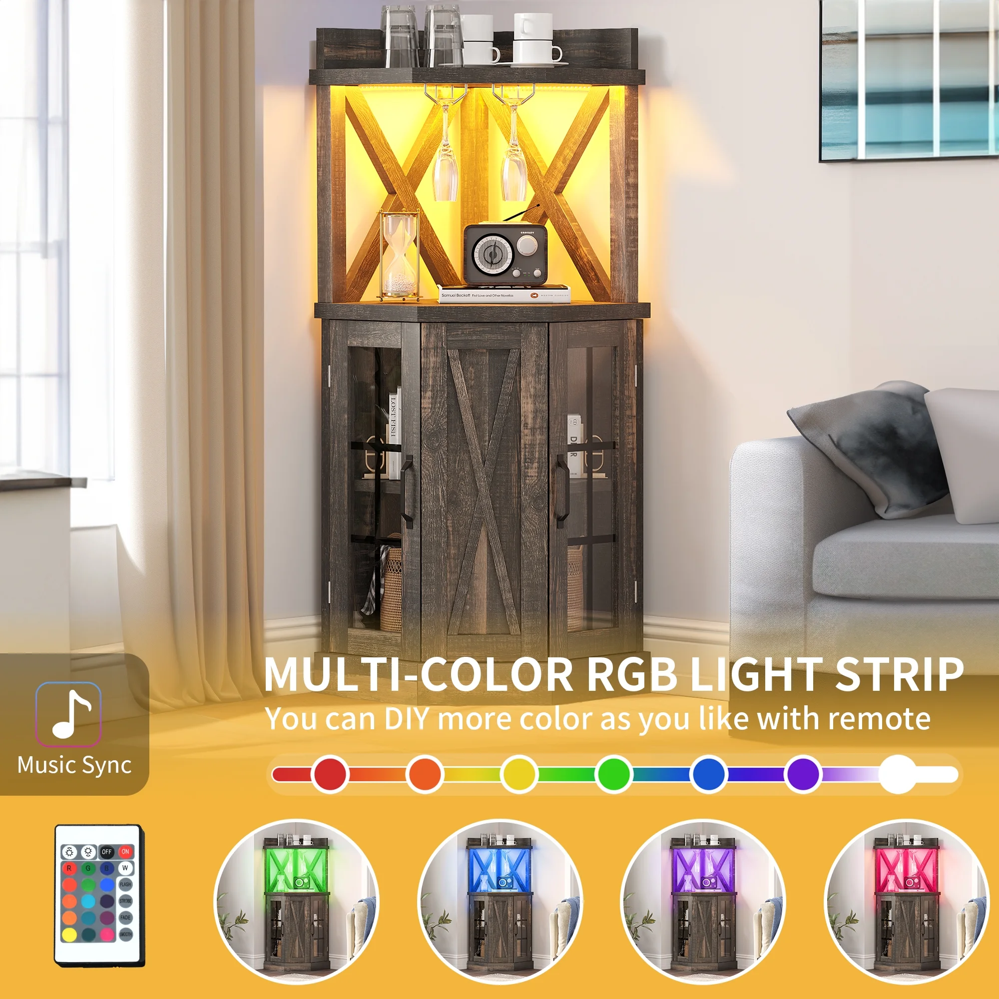 DWVO 53" Corner Bar Unit, 2 Tier Freestanding Corner Wine Bar Cabinet with Adjustable RGB LED Lights, Mini Bar Cabinet with Goblet Rack for Home Pub