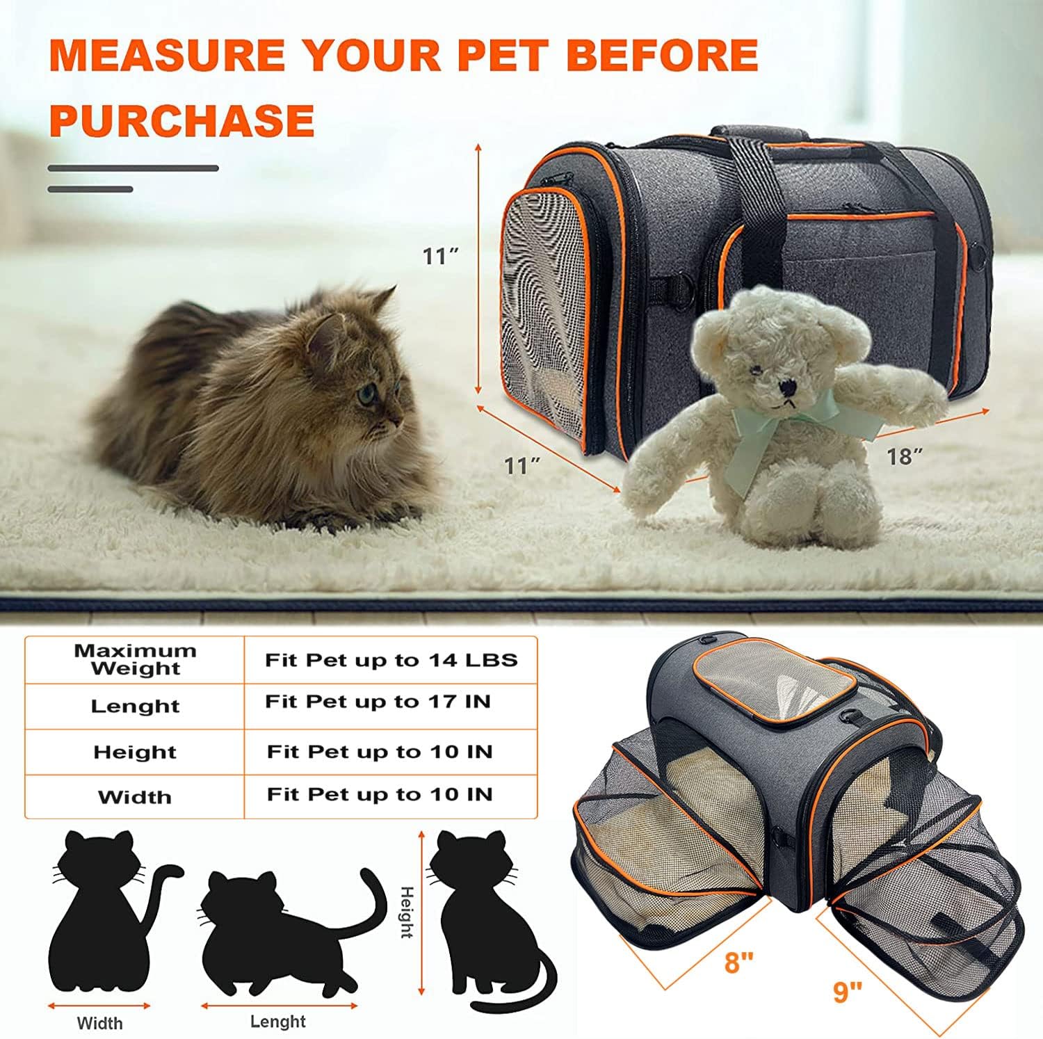 Cat Carrier, 3 Sides Expandable Foldable Pet Carrier for Medium Cat Small Dog