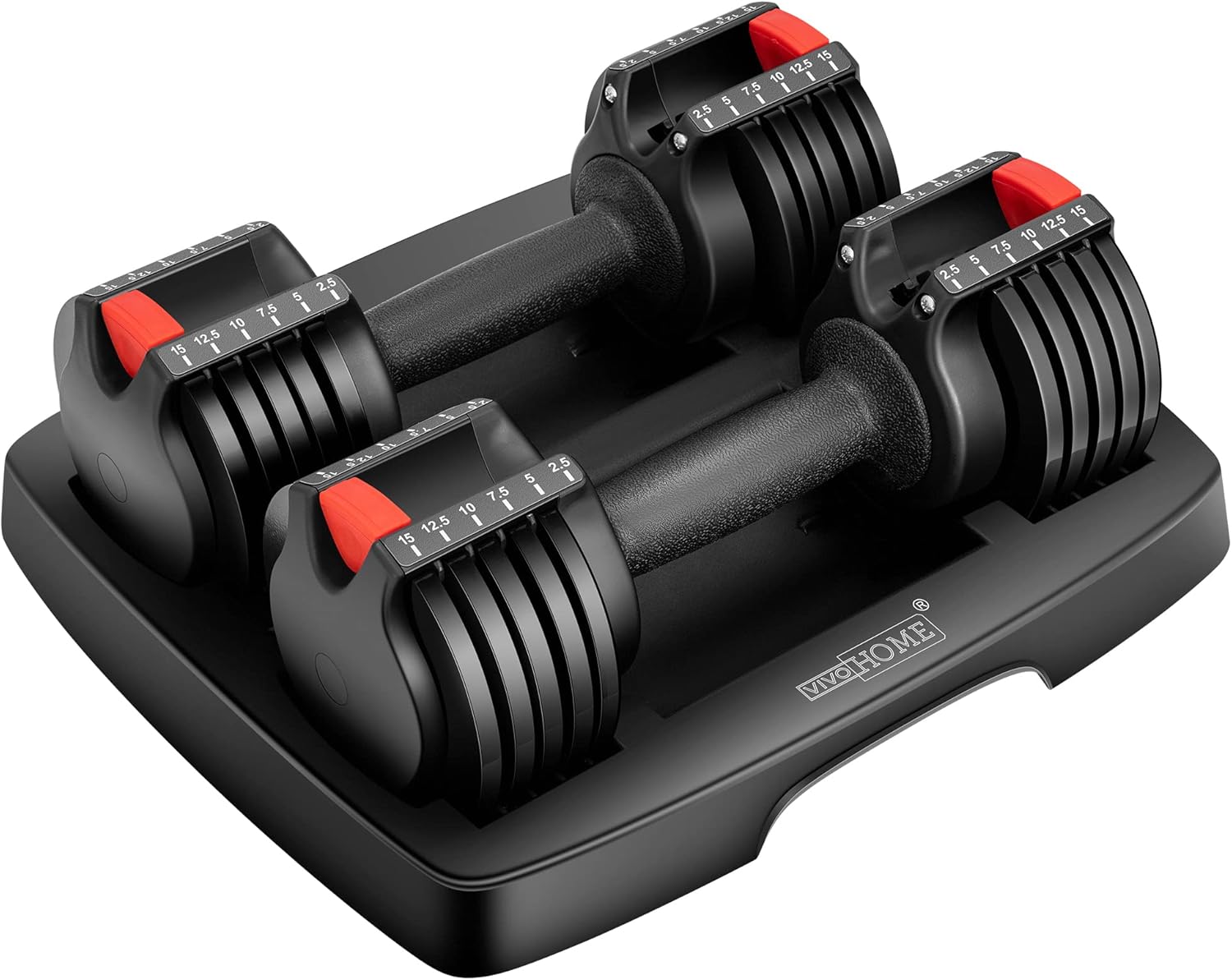 VIVOHOME 2.5 lbs to 15 lbs Adjustable Weights Dumbbells Set of 2 with Anti-Slip Handle and Tray Multiweight Options Workout Equipment for Men Women