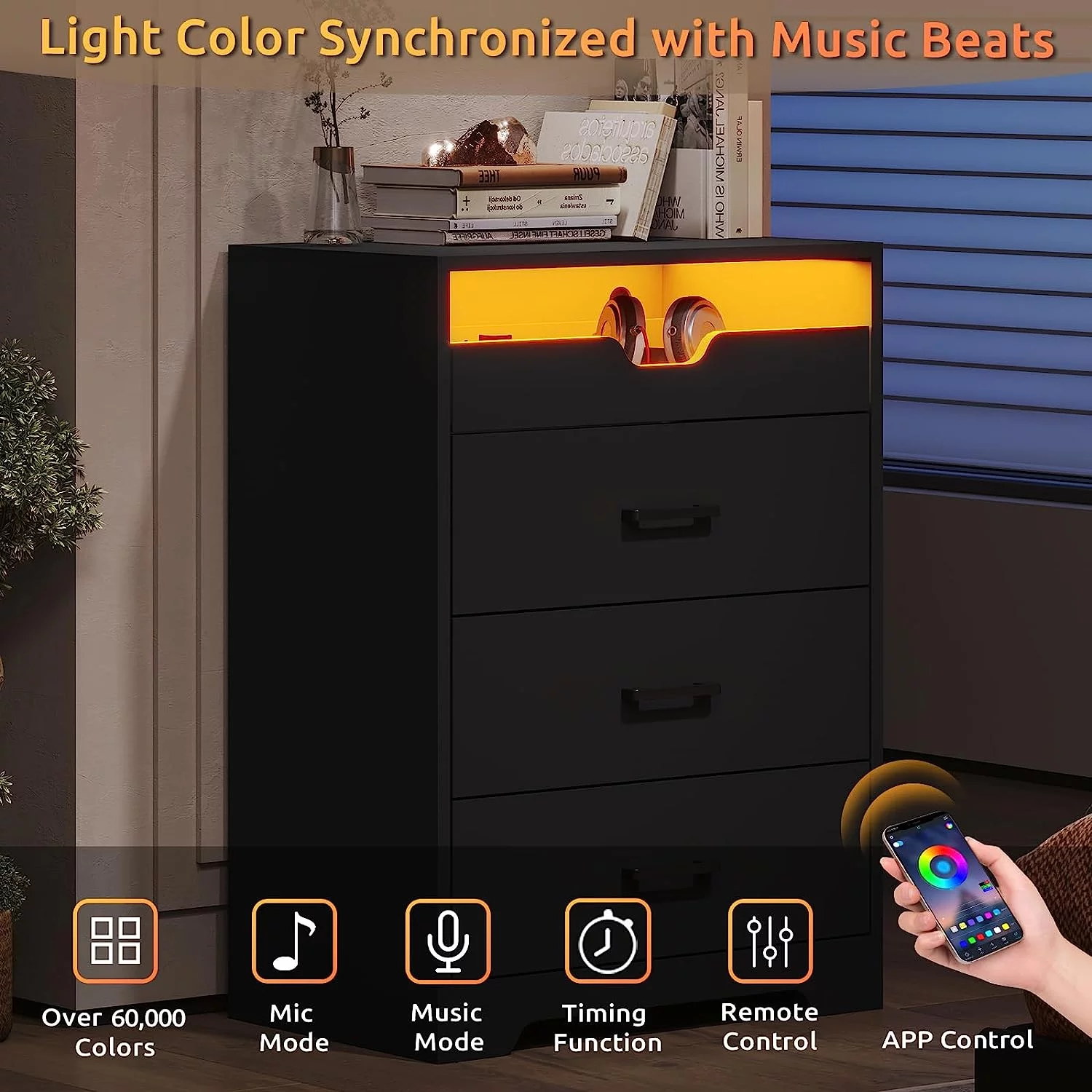 3 Drawers Dresser with LED Lights for Bedroom, Tall Storage Dresser with Pull-Out Tray,Chest of Drawers Organizer for Small Space,Black