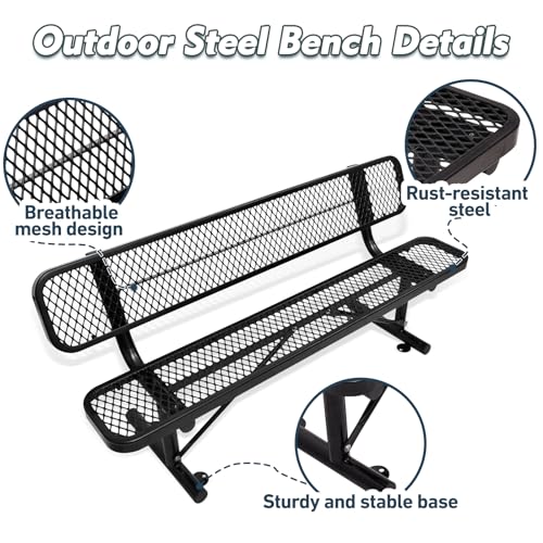 8FT Heavy Duty Park Bench with Back Portable Frame, Outdoor Metal Park Bench with Backrest, Steel Mesh Outdoor Bench for Garden, Lawn, Patio, Porch