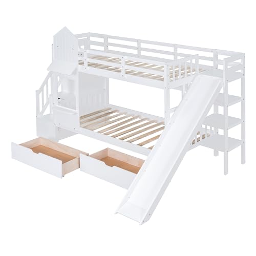 Kids Bunk Bed with Stairs and Slide, Wood Twin Over Twin Bunk Bed with Storage Drawers and Shelves, Castle Style Bunk Beds for Kids Teens Girls Boys