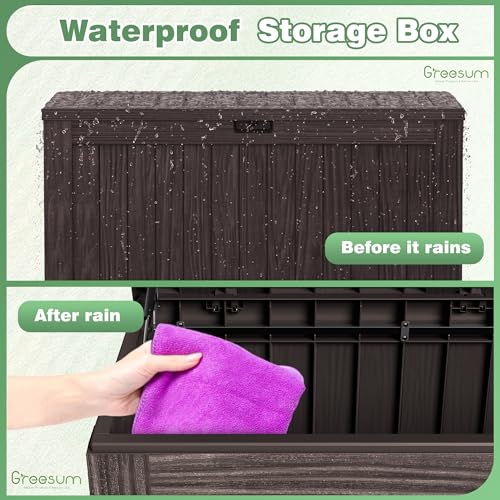 Greesum 120 Gallon Outdoor Storage Box with Lock - Large Resin Deck Box, Reinforced Lid for Garden, Patio, Lawn, Black