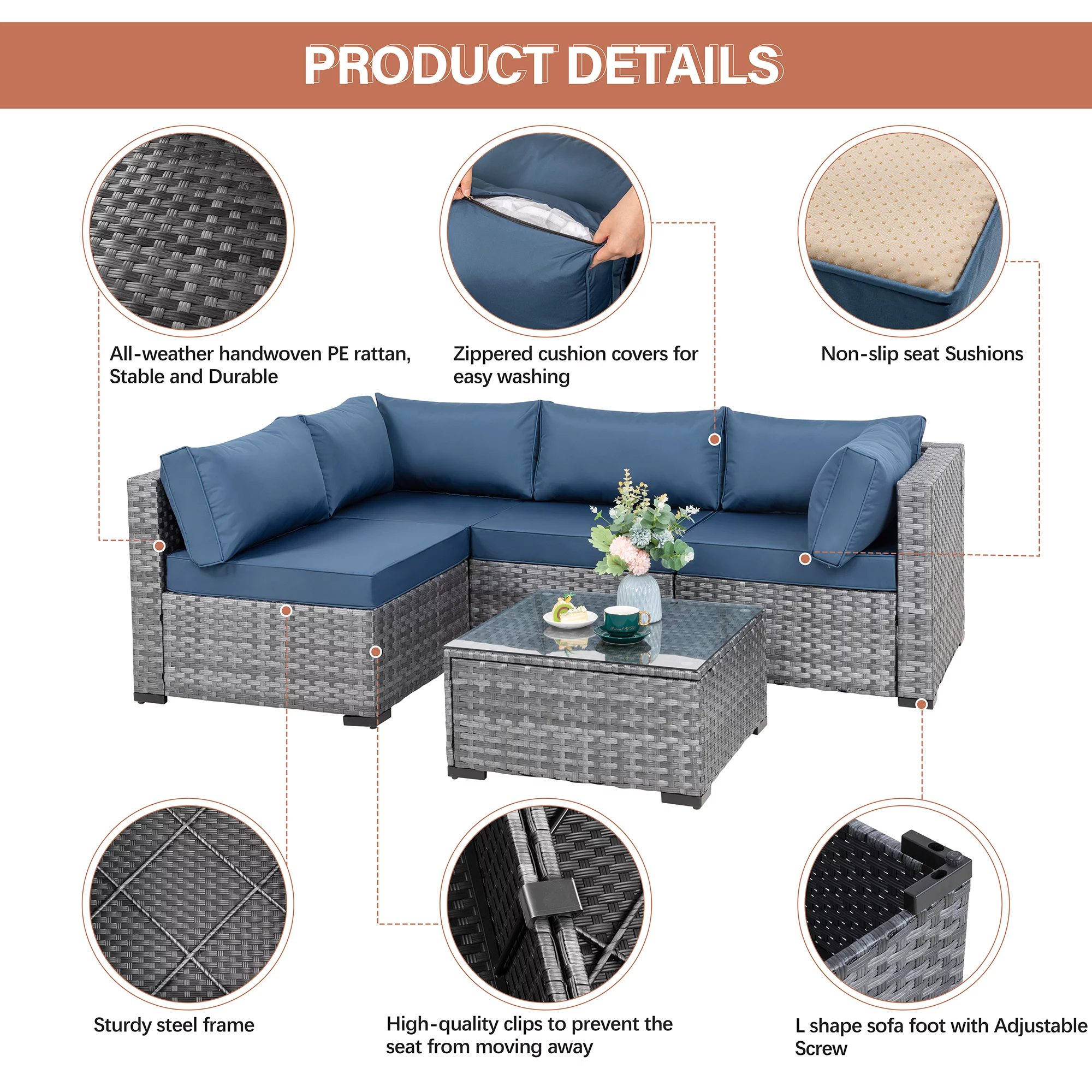 5 Pieces Patio Furniture Sets, Wicker Outdoor Sectional Furniture with Glass Table and Cushions, Rattan Patio Conversation Sets(Aegean Blue)