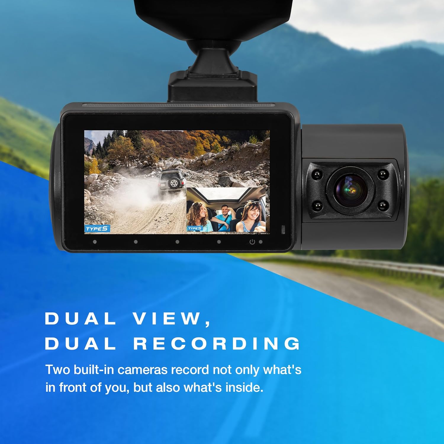 Type S S402 PRO 2-Channel Dash Cam with IR | 4K Front & 2K Cabin View | Optional 1080p Rear Camera | Enhanced Night Vision | Secure Mount | 24-Hr