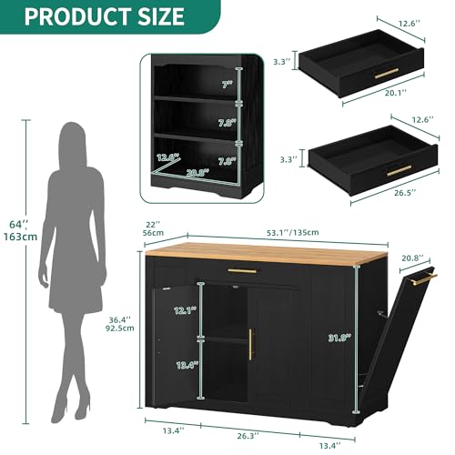 YITAHOME 53 inch Large Rolling Kitchen Island with Trash Can Storage Cabinet