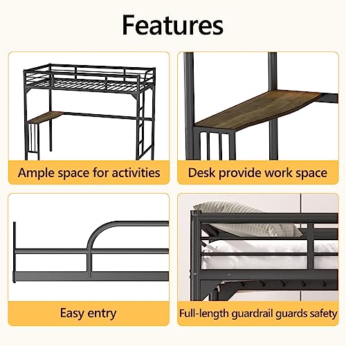 Petfu Loft Bed Twin Size with Desk, Metal Loft Bed Frame with Ladder and Safety Rails, Space-Saving, Noise Free, No Spring Box Needed, Black