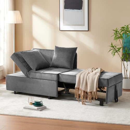 Sofa Bed 4-in-1 Convertible Pull Out Couch, Velvet Love seat Couch Sleeper Chair Bed with 2 Throw Pillow
