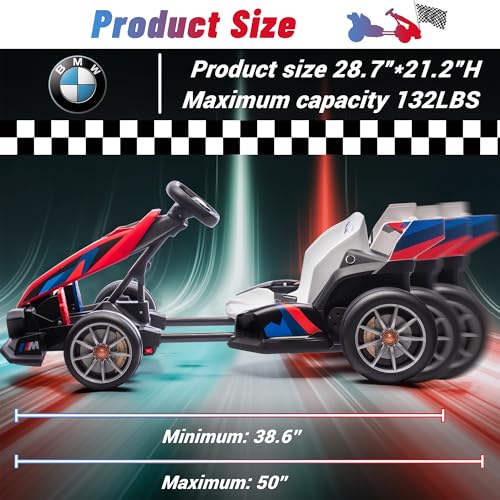 Electric Go Kart with Adjustable Seat, 24V Licensed BMW Drift Kart with Dual 200W Motors, Crazy Go Cart for Kids Ages 6-12, LED Lights