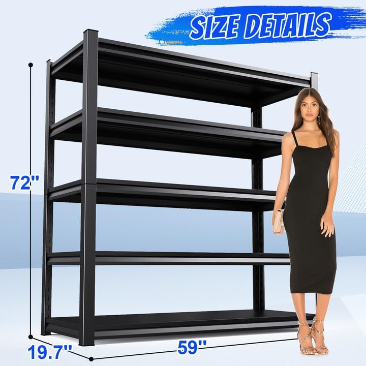 59" W Storage Shelves, 5-Tier Garage Shelving, 3500 lbs Heavy Duty Garage Shelves, Adjustable Shelving Unit|Easy Assembly, for Workshop, Basement